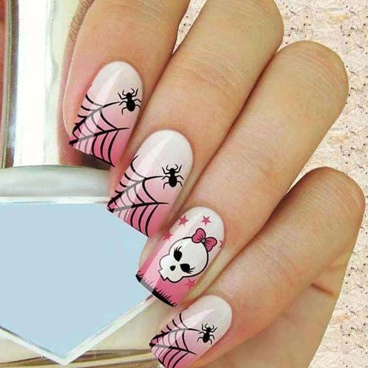 RIICFDD Halloween Spider Web Kawaii Skull Pink Gradient